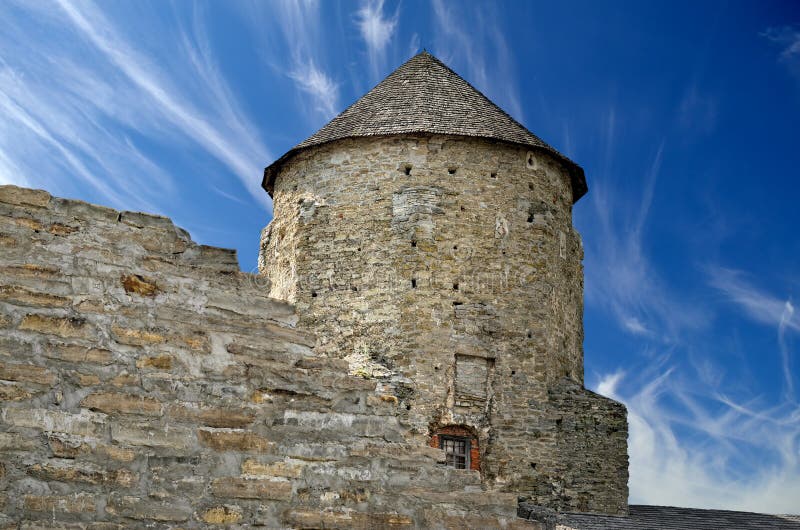 Ruined walls and towers of a large, ancient fortress stock images