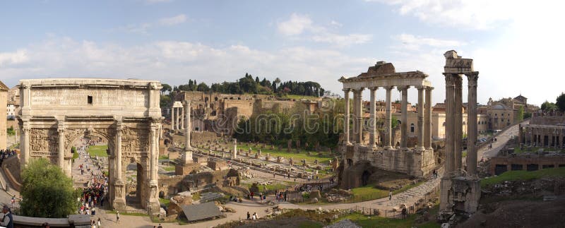 Panoramic view on ancient roman forum columns and ruins, Rome, italy, europe. XXL size. Panoramic view on ancient roman forum columns and ruins, Rome, italy, europe. XXL size.