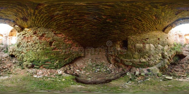 Ruins of ancient brick castle with blue sky sun green grass 3D spherical panorama with 360 degree viewing angle. Ready for virtual