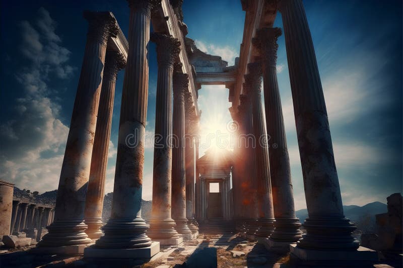 Ruins of ancient city of Ephesus, Turkey at sunset. AI generated. AI generated image. Illustration and Clip Art.