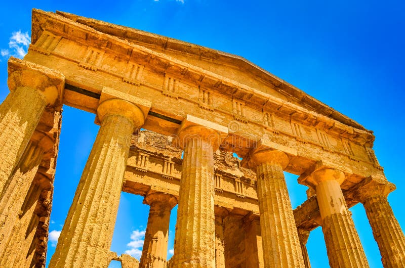 Ruins of ancient temple front pillars in Agrigento, Sicily