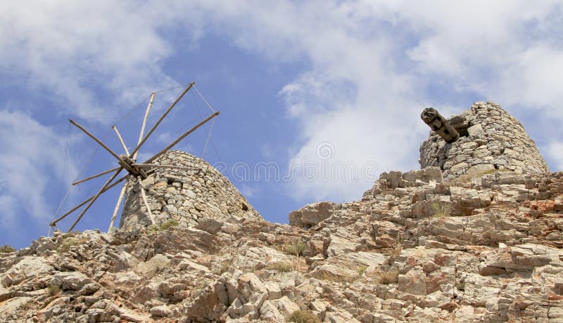 Ruins of ancient Venetian windmills built in 15th century, Lassithi Plateau, Crete, Greece stock photography Ruins of ancient Venetian windmills built in 15th century, Lassithi Plateau, Crete, Greece stock photography