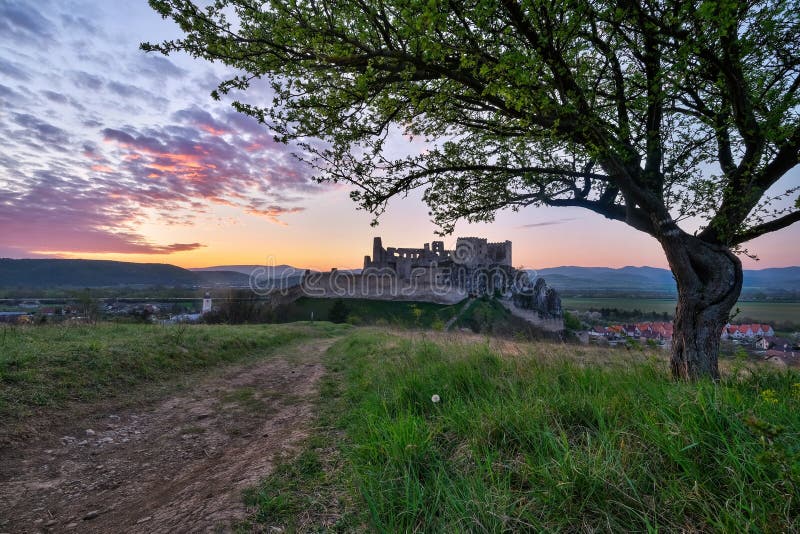 Medieval castle Beckov with surrounding landscape colour sunset, Slovakia, Europe. Discover the beauty of the earth.