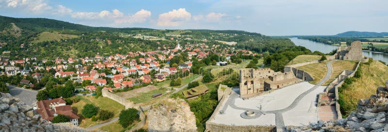 Ruins of Devin castle on a hill near a small town