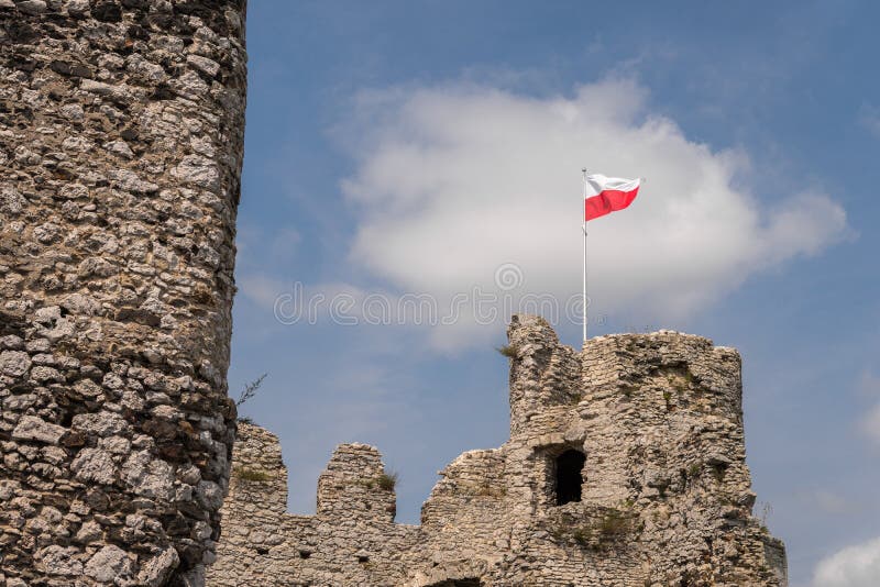 Ruins of medieval tower with flag stock photography