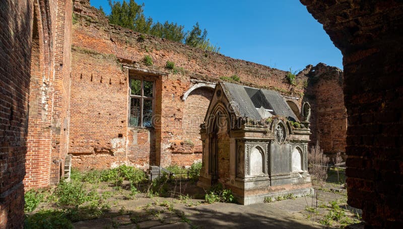 Ruins of the St. John the Evangelist`s Church in Stanmore, Middlesex, UK. Inside is the mausoleum of the Hollond family.