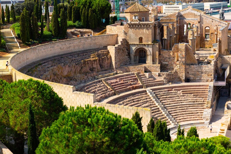 Ruins of roman amphitheater in Cartagena port city, southeastern Spain