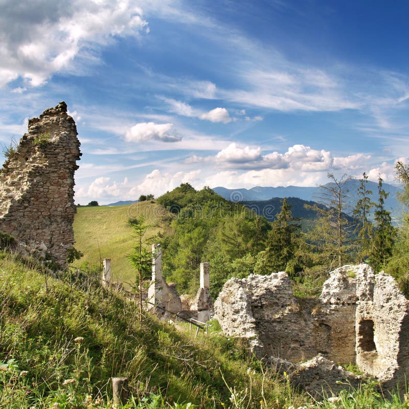 Ruins of Sklabina Castle. And manor house in countryside with blue sky and cloudscape background, Sklabinsky Podzamok, Turiec, Slovakia royalty free stock images Ruins of Sklabina Castle. And manor house in countryside with blue sky and cloudscape background, Sklabinsky Podzamok, Turiec, Slovakia royalty free stock images
