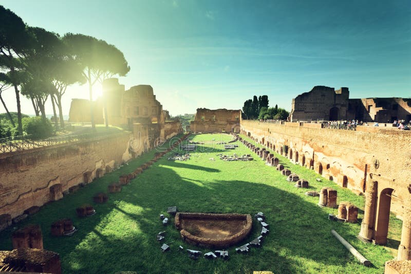 Ruins of Stadium Domitanus at the Palatine Hill in Rome royalty free stock images