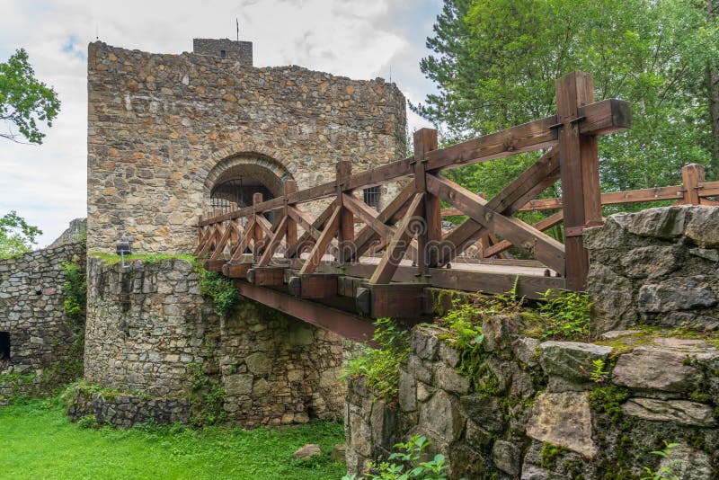 Ruins of Strecno Castle from wooden bridge