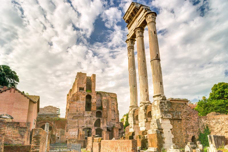 The ruins of the temple of Castor and Pollux at Roman Forum, Rome, Italy. The ruins of the temple of Castor and Pollux at Roman Forum, Rome, Italy