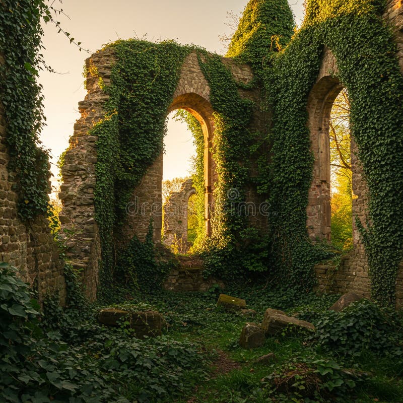 Ruiny kamienia przerośnięte łuszczowym zielonym bluszczem Hedera helix wypełniają scenę. Struktura royalty ilustracja