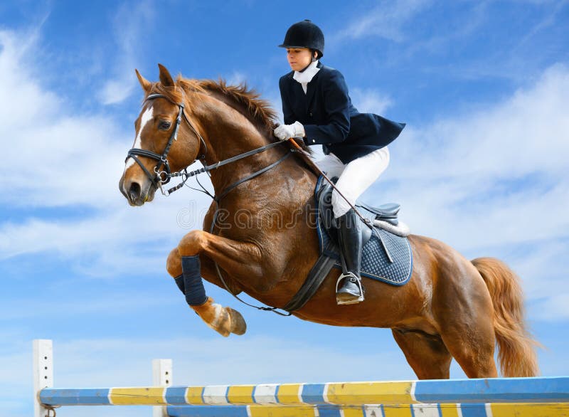 Young girl jumping with sorrel horse. Young girl jumping with sorrel horse