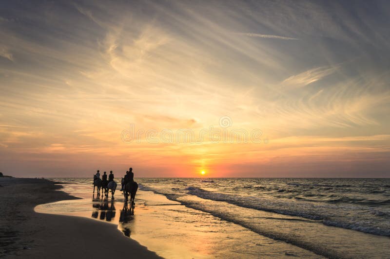 Riders on horseback riding along the seashore at sunset,Baltic sea ,Poland. Riders on horseback riding along the seashore at sunset,Baltic sea ,Poland