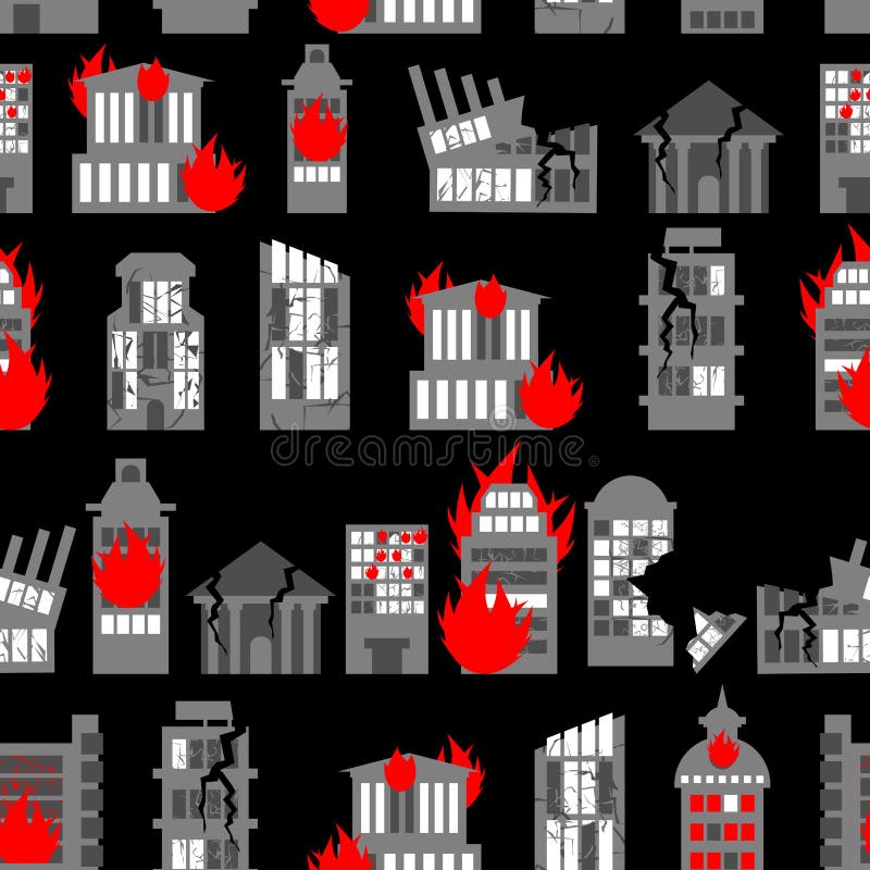 Rujnujący miasto bezszwowy wzór Ruiny budynki Ogień wewnątrz stwarza ognisko domowe ilustracja wektor Rujnujący miasto bezszwowy wzór Ruiny budynki Ogień wewnątrz stwarza ognisko domowe ilustracja wektor