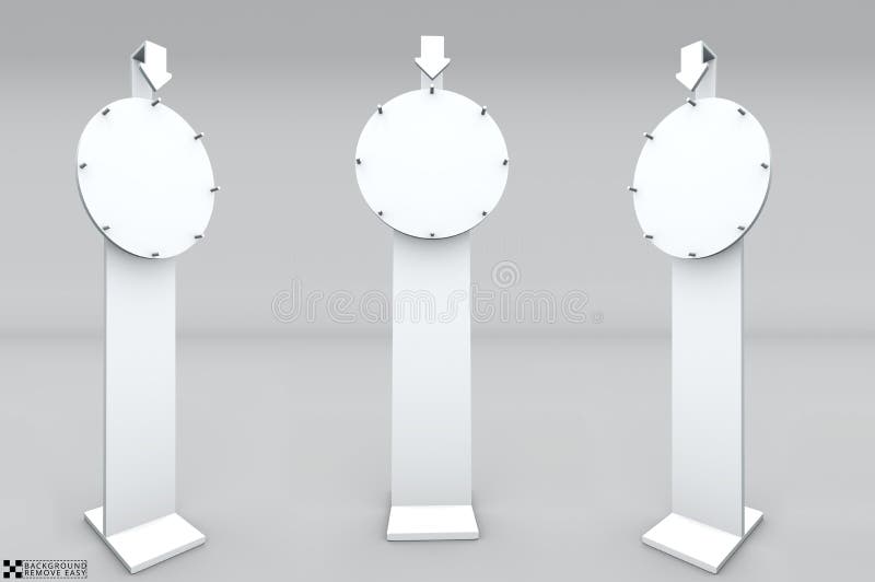 Ruletka pusta budka pokazowa dla projektantów. obracanie, kółko 3d, renderowanie pustej kółki. działanie promocyjne. ilustracji