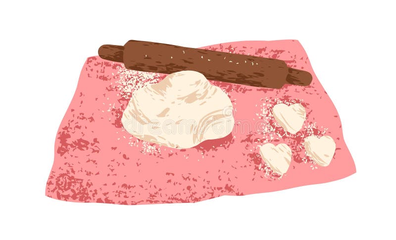 Rullande stift och deg. Cozy baking Cocking-process. Göra hjärtformade kakor till mjöl av kex. Kokning med hemmadryck royaltyfri illustrationer
