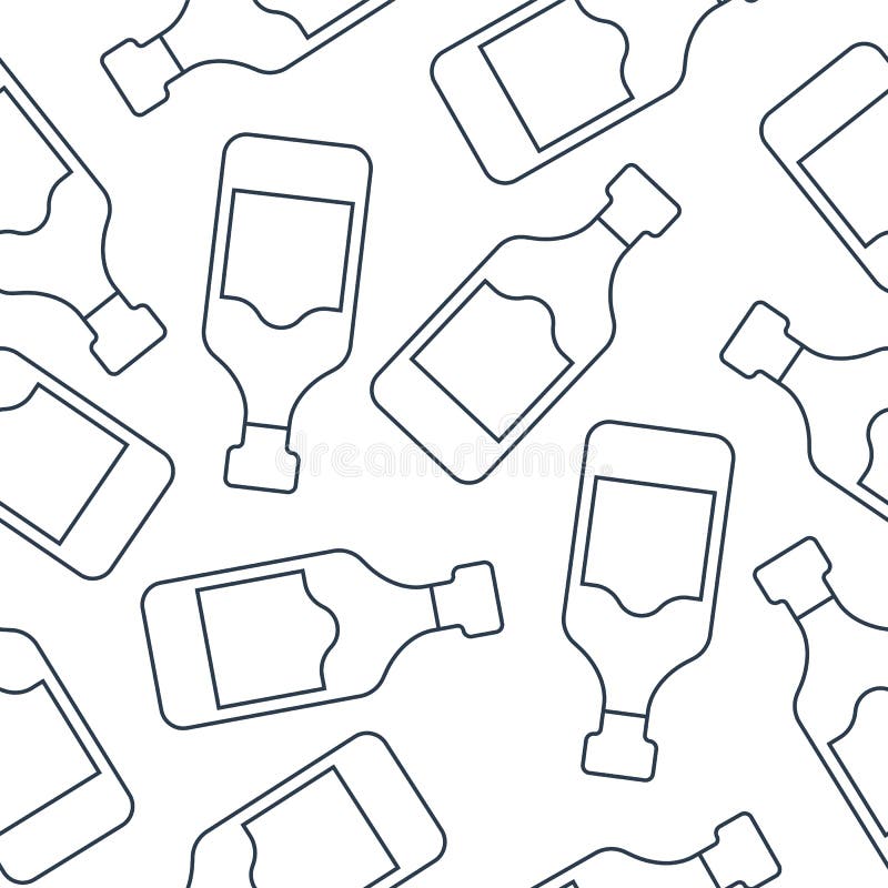 Rum Bottles Seamless Pattern. Line Art Style. Outline Image. Repeat