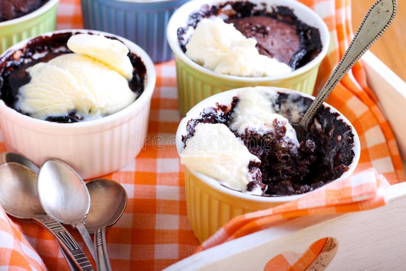 Rum and raisin chocolate puddings with ice cream. Dessert portions stock images, royalty-free photos and pictures