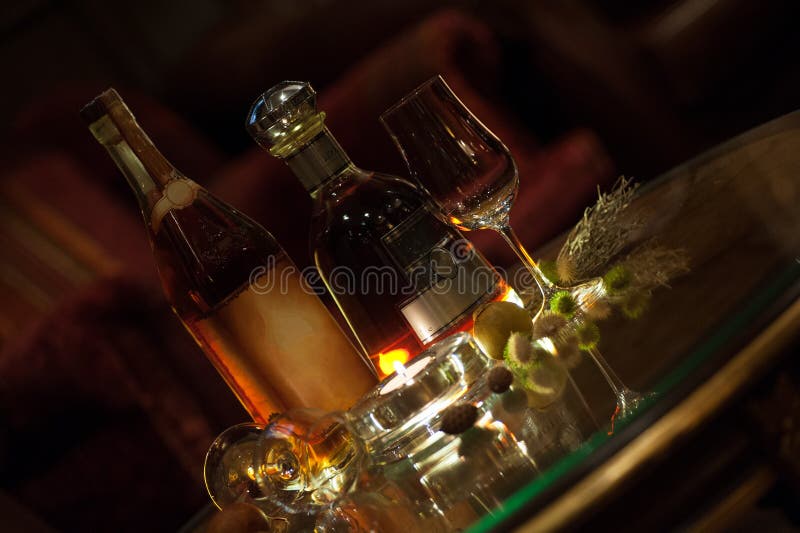 Rum and whisky bottles in a cigar bar lounge