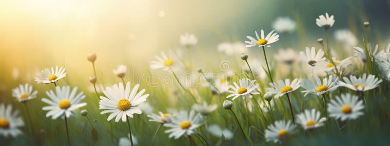Rumianki kwitną na tle trawnika latem. selektywna koncentracja. fotografia royalty free