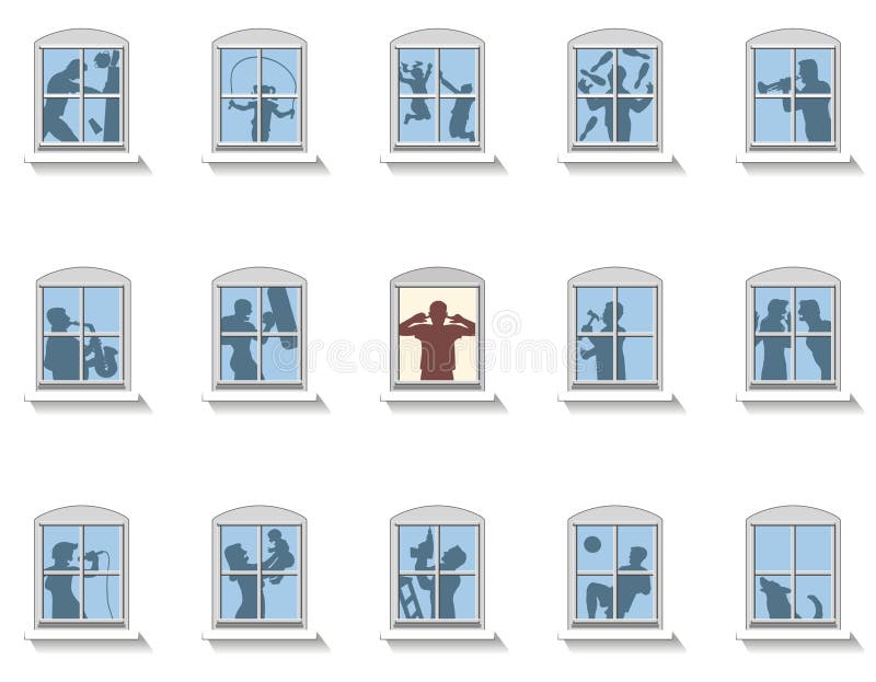 Neighbors that make various kinds of noise, in the middle window an annoyed man covers his ears. Isolated vector illustration on white background. Neighbors that make various kinds of noise, in the middle window an annoyed man covers his ears. Isolated vector illustration on white background.