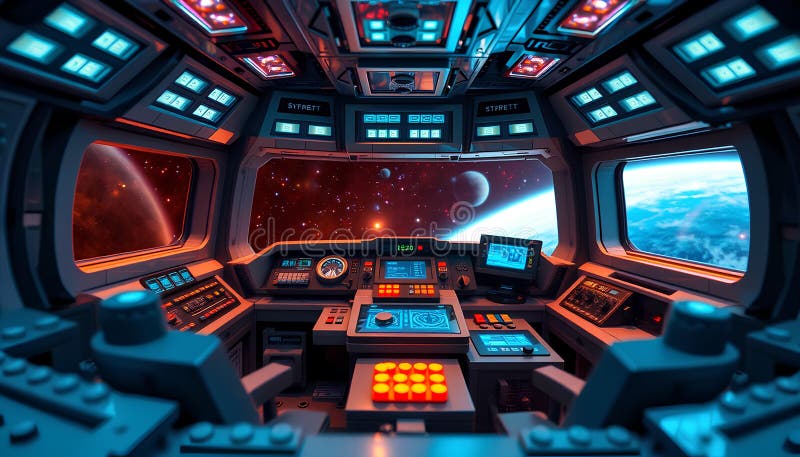 Rumshöftkontrollrum av tegelstenar futuristic dashboard holophy interface deep space synligt genom fönster royaltyfri illustrationer