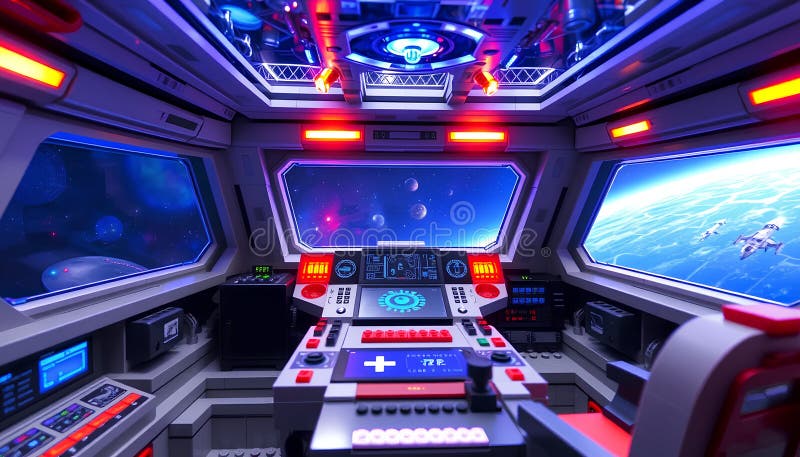 Rumshöftkontrollrum av tegelstenar futuristic dashboard holophy interface deep space synligt genom Windows 2 vektor illustrationer