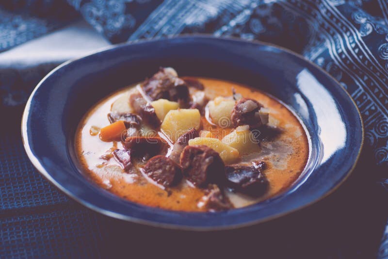 Rumänische saure Suppe mit Kartoffeln und geräuchertem Schweinefleisch stockbild