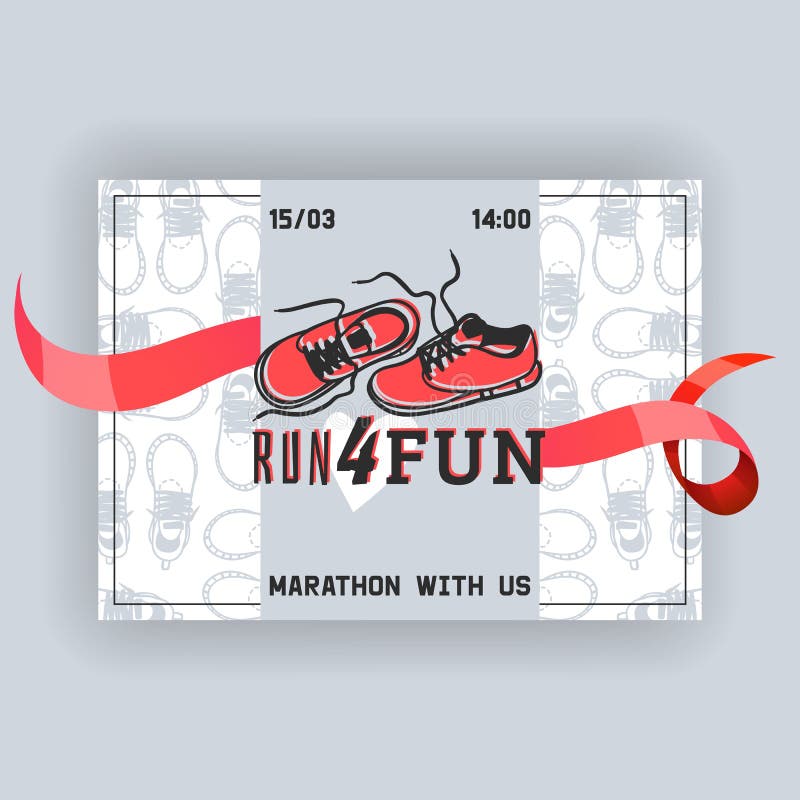 Run for fun banner, flyer vector illustration. Marathon with us, date and time. Sport shoes, sneakers for training