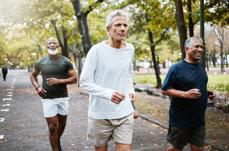 Run, group and senior men training, running and in street for health, wellness and fitness outdoor. Retirement, healthy