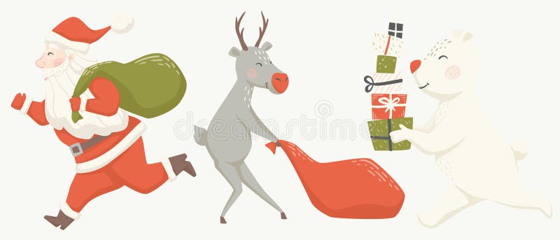 Run Santa Claus reindeer, and bear with gift box and bag scandinavian card. vector illustration Run Santa Claus reindeer, and bear with gift box and bag scandinavian card. vector illustration