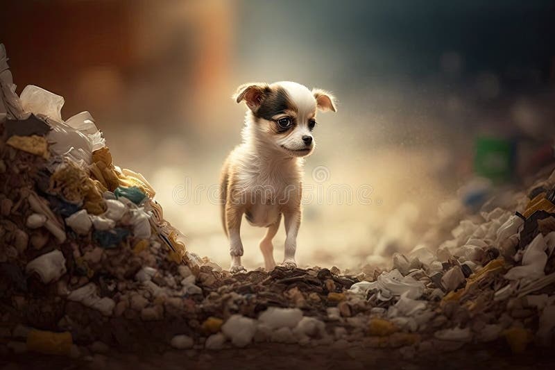 Runaway small dog playing in overflowing garbage dump stock illustration