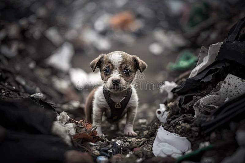 Runaway small dog playing in overflowing garbage dump vector illustration