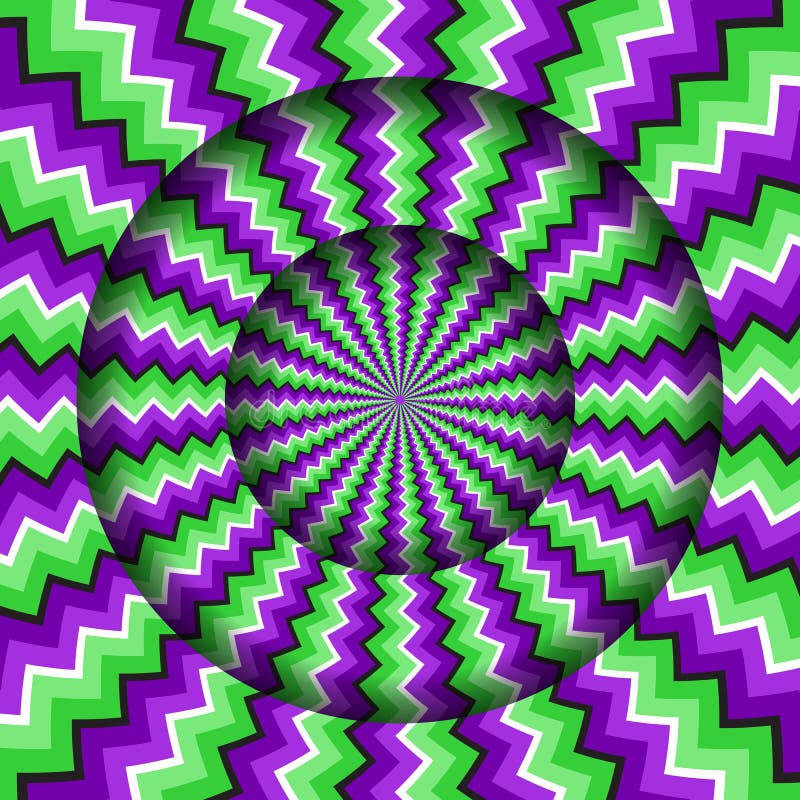 Rund ram med ett roterande grönt lila zigzag-mönster Optisk, hypnotisk bakgrund vektor illustrationer