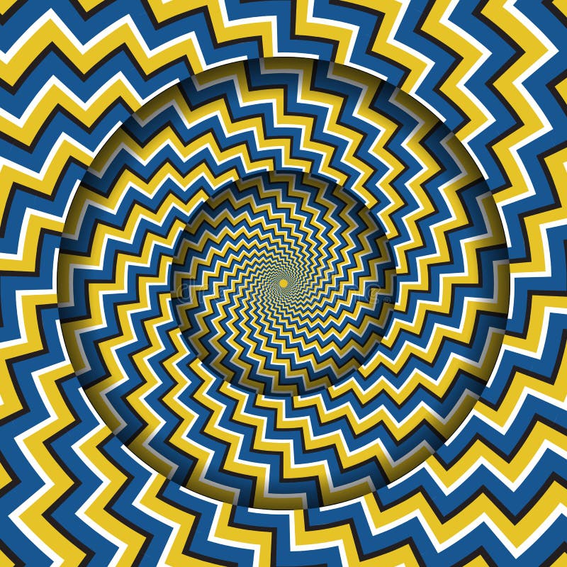 Rund ram med ett roterande gult zigzag-strimlingsmönster Optisk, hypnotisk bakgrund royaltyfri illustrationer