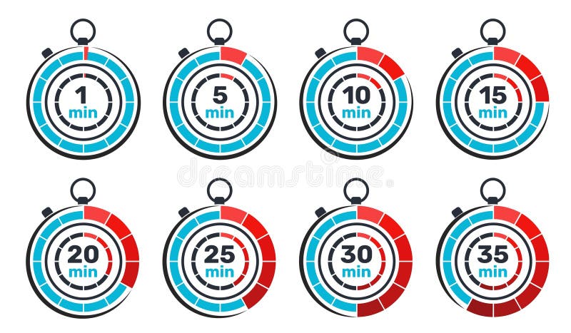Runda timer-ikoner. analog klocksignal 1 eller 5 minuter 10 15 och 20 sekunder stoppur. tidsinventeringsemblem royaltyfri illustrationer