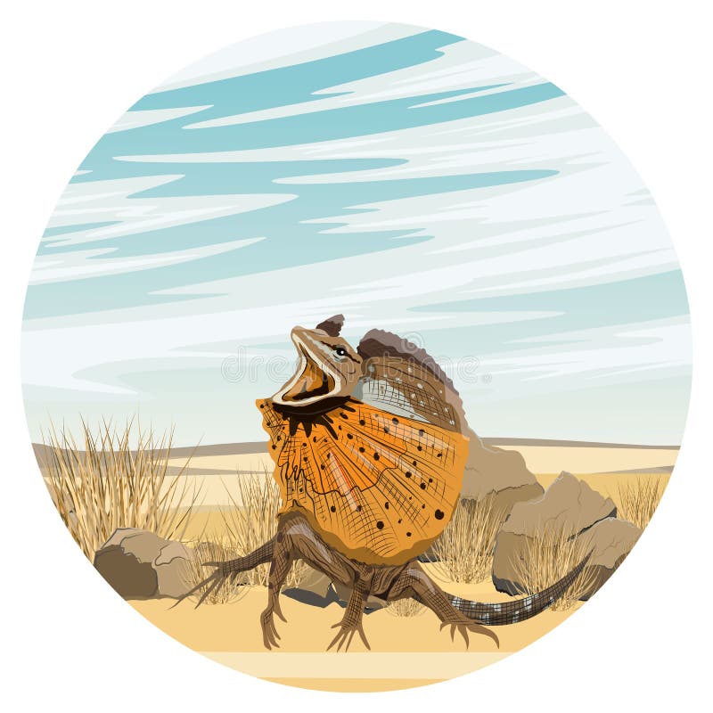 Round composition. Frilled Lizards are sitting in the desert. Chlamydosaurus kingii or frill-necked lizard, frilled dragon or frilled agama. Wild reptiles of Australia and New Guinea. Realistic vector. Round composition. Frilled Lizards are sitting in the desert. Chlamydosaurus kingii or frill-necked lizard, frilled dragon or frilled agama. Wild reptiles of Australia and New Guinea. Realistic vector