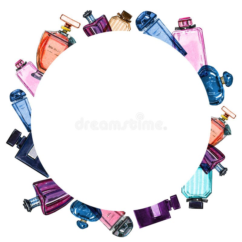 Runde Rahmenschablone für Design, Druck und Netz Hand gezeichneter Aquarellsatz verschiedene Frauenparfümflaschen vektor abbildung Runde Rahmenschablone für Design, Druck und Netz Hand gezeichneter Aquarellsatz verschiedene Frauenparfümflaschen vektor abbildung