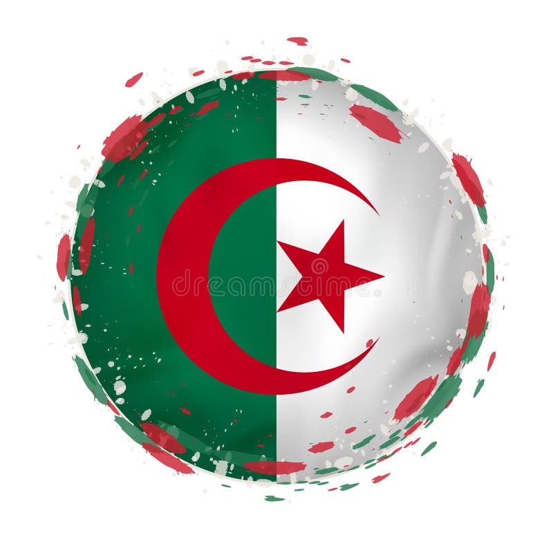 Runde Schmutzflagge von Algerien mit spritzt in der Flaggenfarbe vektor abbildung Runde Schmutzflagge von Algerien mit spritzt in der Flaggenfarbe vektor abbildung