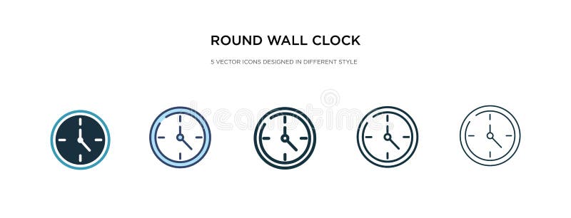 Runde Wanduhr-Ikone in einer anderen Stil-Vektorgrafik zwei farbige und schwarze runde Wanduhr-Vektor-Icons, die in vektor abbildung