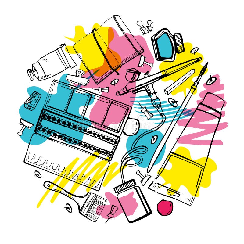 Runde Zusammensetzung mit Handgezogenen Skizzenvektor-Künstlermaterialien Stilisierte Schwarzweiss-Illustration mit Farbflecken stock abbildung Runde Zusammensetzung mit Handgezogenen Skizzenvektor-Künstlermaterialien Stilisierte Schwarzweiss-Illustration mit Farbflecken stock abbildung