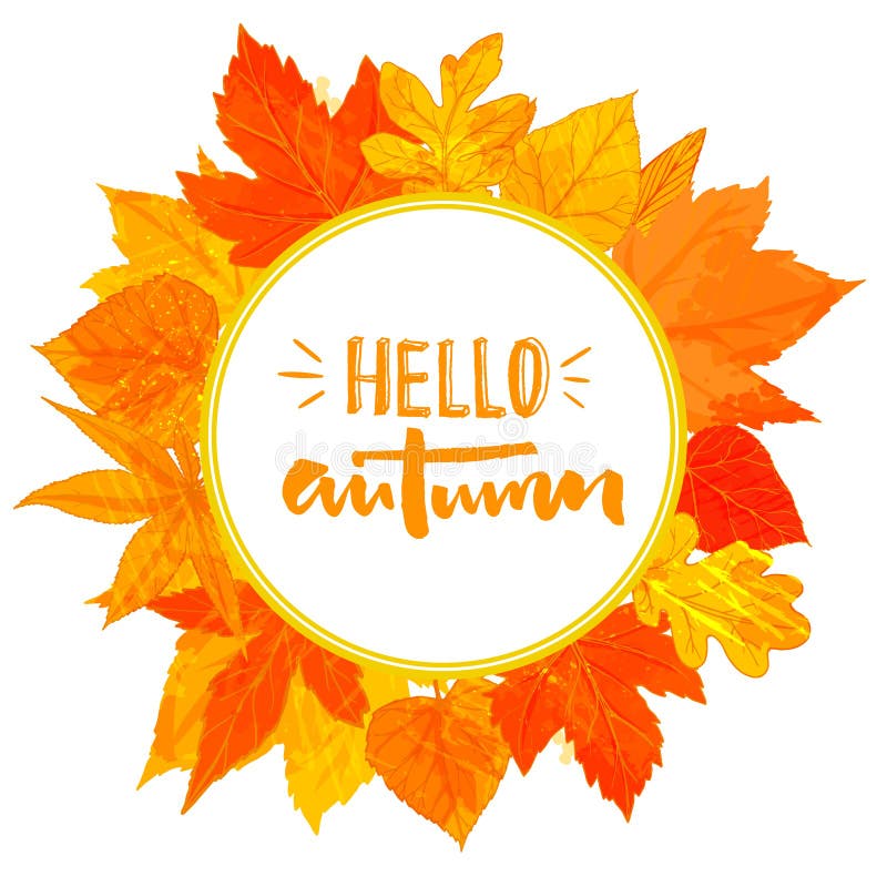 Runder Rahmen des Herbstes mit Hand gezeichneten goldenen Blättern Hallo Herbsttext im Kranz Fallgrußdesign lizenzfreie abbildung