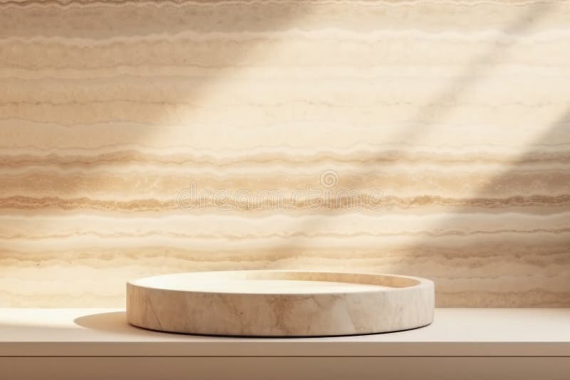 Runder Travertin leere piedistalen auf unscharf nachhaltigem Badezimmer Innenhintergrund mit Fensterlicht stockfoto
