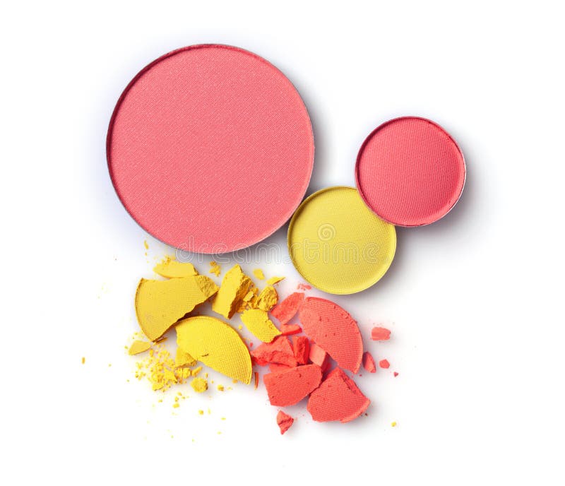 Rundes rosa Rouge mit gelbem und orange zerschmettertem Lidschatten für bilden als Probe des Kosmetikproduktes lizenzfreie stockfotografie