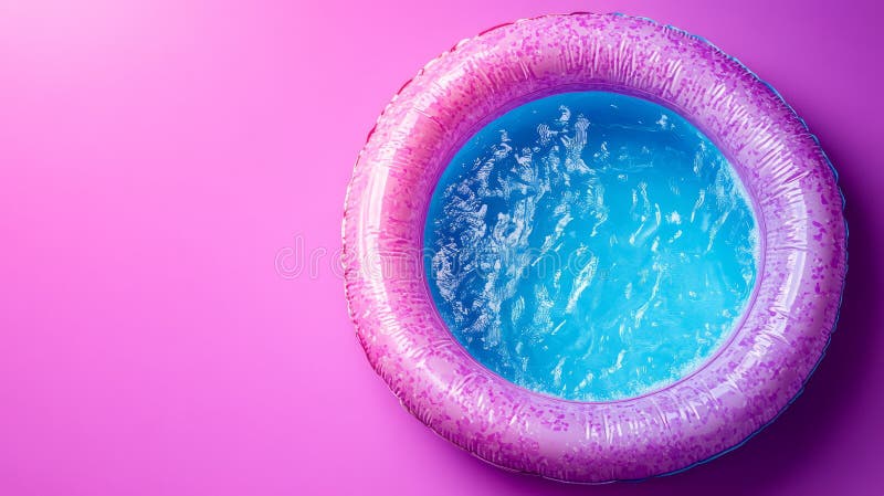 Rundrosa aufblasbares Schwimmbecken mit blauem Wasser auf rosa Untergrund. lizenzfreie stockfotografie