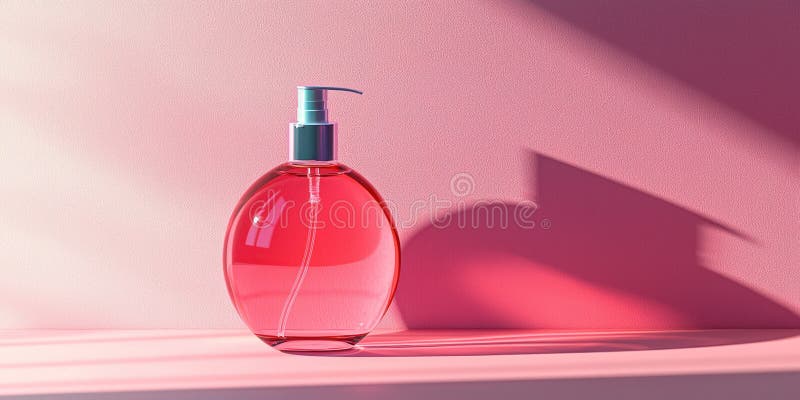 Rundrosa Kosmetikflasche mit künstlerischem Schatten auf pastellrosa Hintergrund mit modernem minimalem Design stockbild