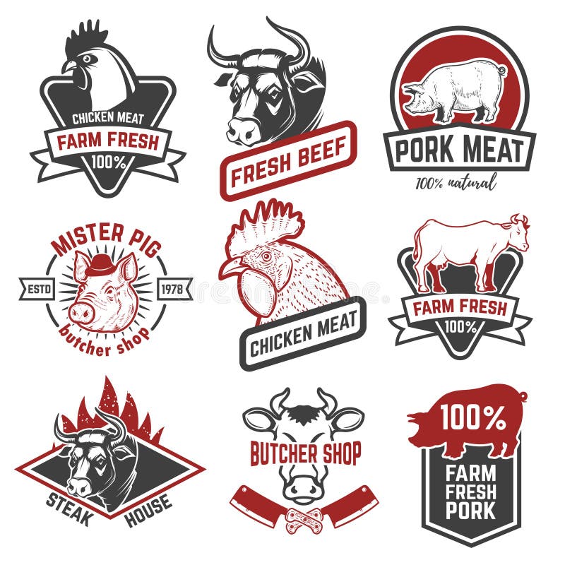 Rundvlees, kip, de etiketten van het varkensvleesvlees op witte achtergrond Ontwerp vector illustratie Rundvlees, kip, de etiketten van het varkensvleesvlees op witte achtergrond Ontwerp vector illustratie