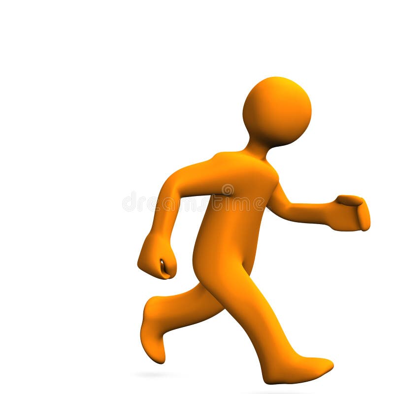 Orange cartoon character runs on the white background. Running puppet illustrations