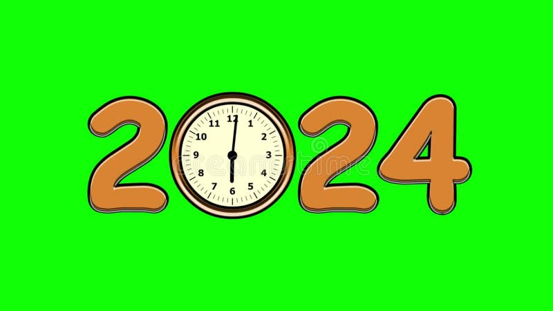 2024 with running clock effect on green screen background
